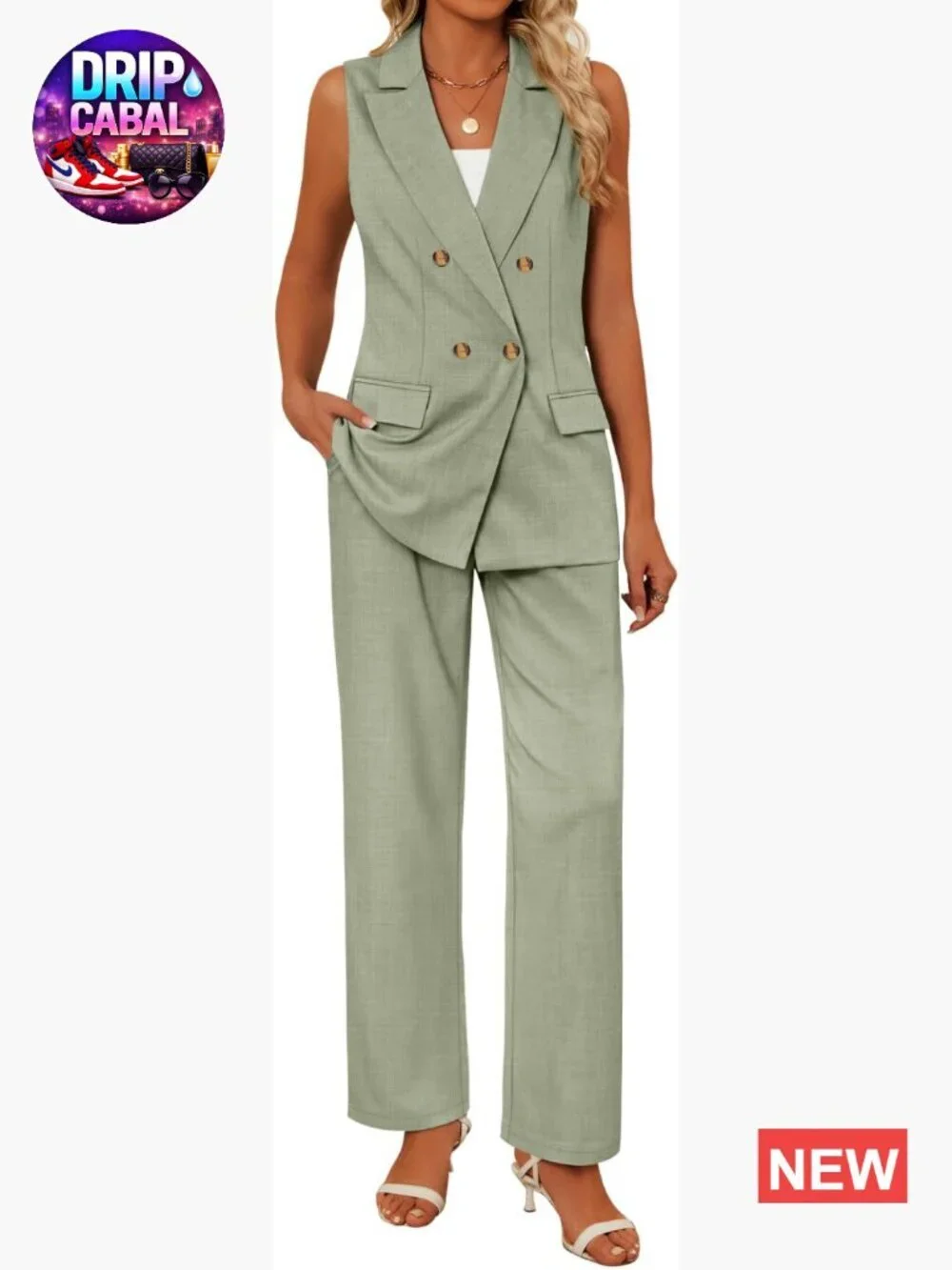 Women's 2 Piece Suit Set Blazer Vest Wide Leg Pants Matching Outfit